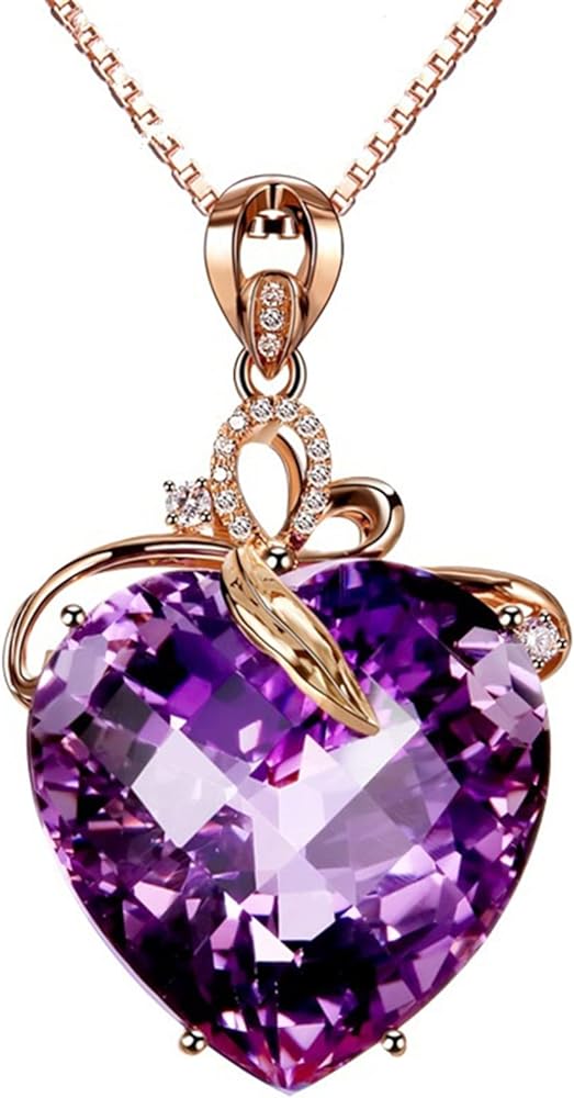 Heart Shaped Amethyst Pendant Necklace, Luxury Fashion Rose Gold Love Heart Purple Crystal Simulated Amethyst Pendant Jewelry Great Birthday Anniversary Mothers Day Wedding Gift