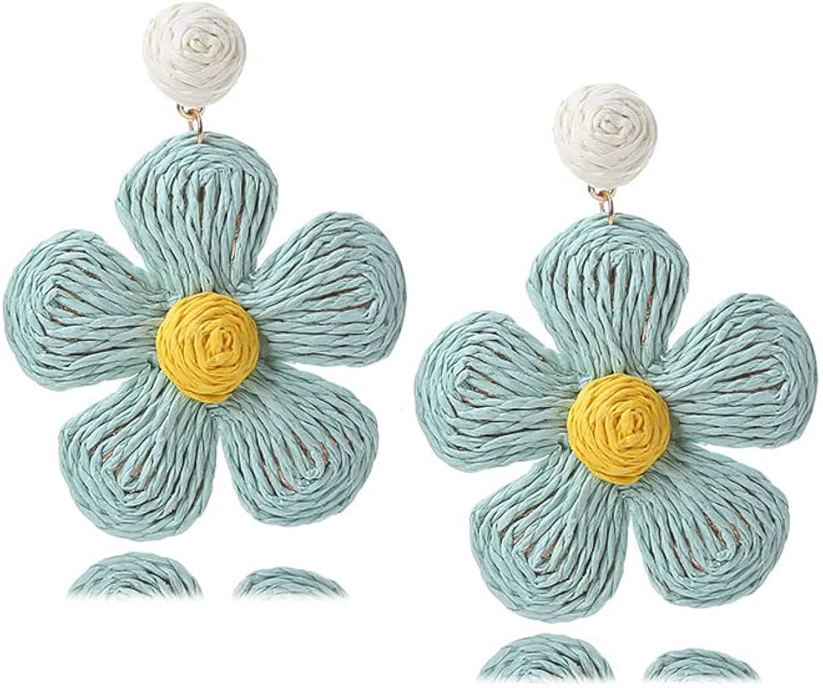 Rattan Flower Dangle Earrings Boho Raffia Straw Wrapped Flower Drop Dangle Earrings Summer Beach Jewelry For Women