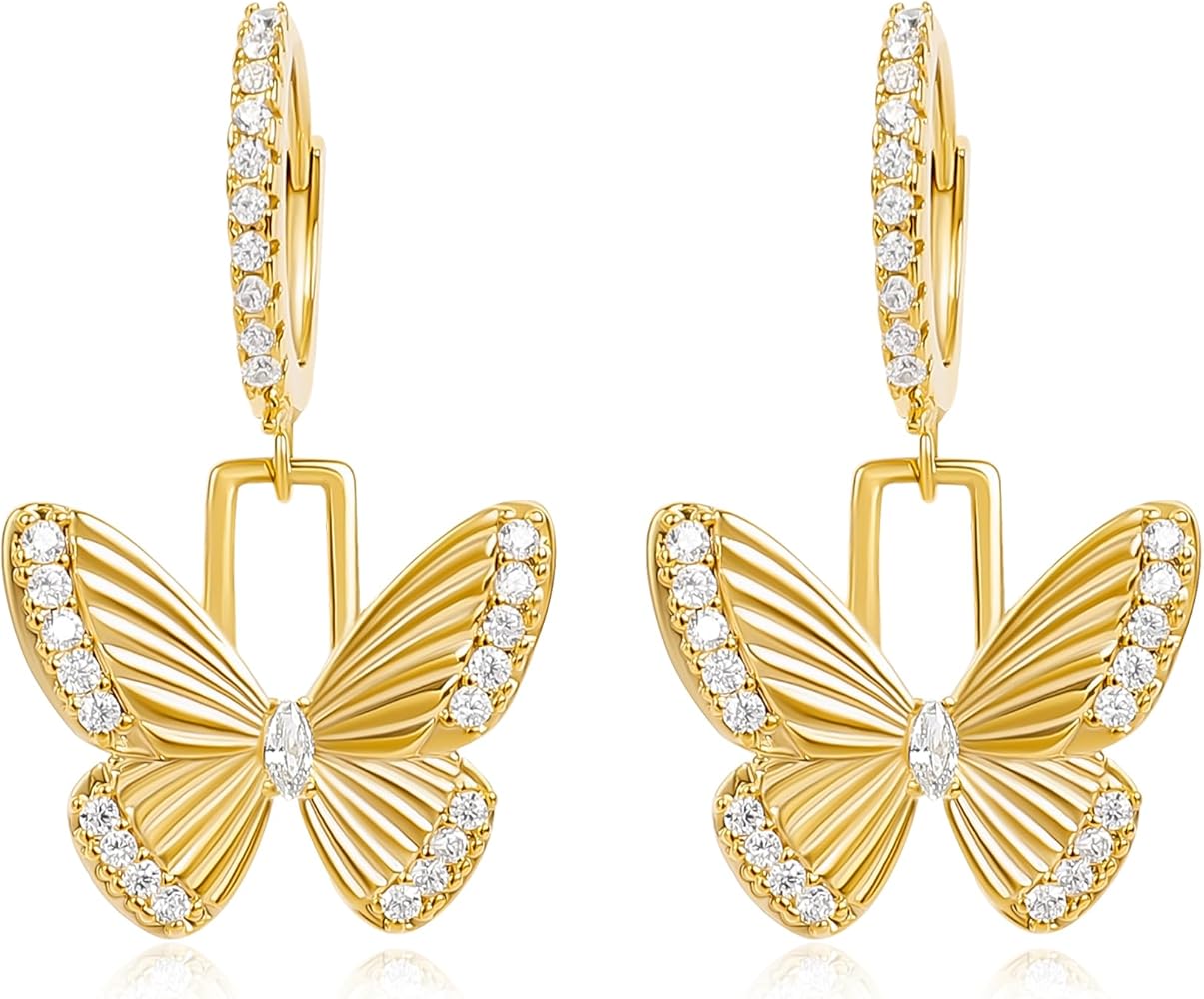 Gold Dangle Butterfly Earrings for Women 14K Gold Plated Cubic Zirconia Butterfly Huggie Hoop Earrings Elegant Drop Intersect Fairy CZ Textured Butterfly Earrings Trendy Summer Jewelry Gift for Girls