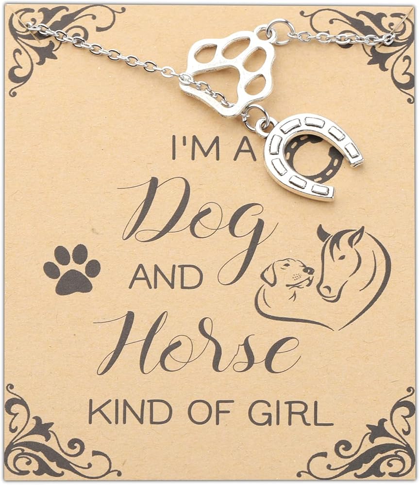 PLITI Dog Lover Gift Horse Riding Gift I'm A Dog And Horse Kind Of Girl Paw Print Horseshoe Necklace For Cowgirl