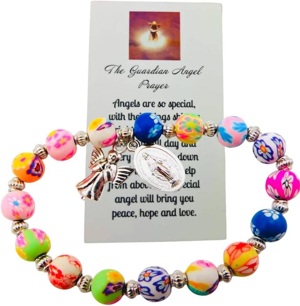 Westmon Works Guardian Angel Bracelet with Holy Prayer Card Girls Colorful Jewelry Set for First Communion or Confirmation