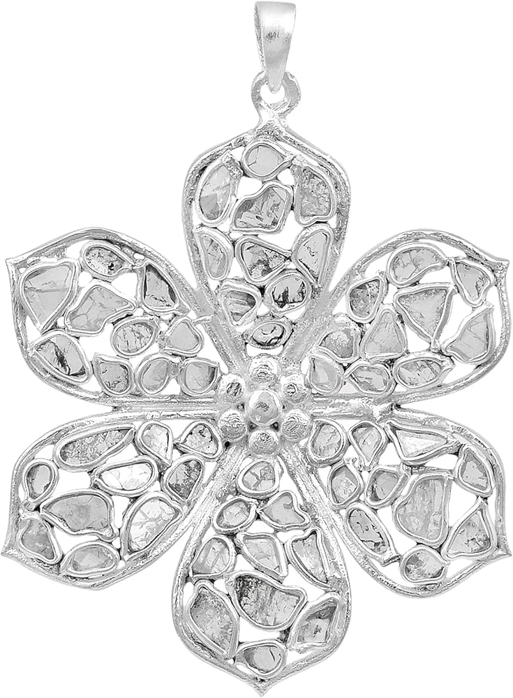 2.30 CTW Natural Diamond Polki 3D Flower Pendant 925 Sterling Silver Platinum Plated Slice Diamond Jewelry