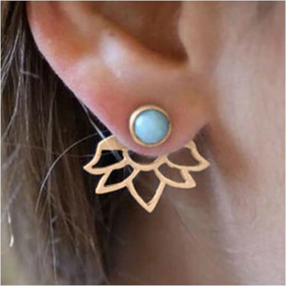 Boho Turquoise Lotus Ear Jacket Earrings Hollow Flower Stud Earrings Gems Turquoise Earrings Gold Lotus Front Back Earrings Jewelry for Women and Girls (Gold)