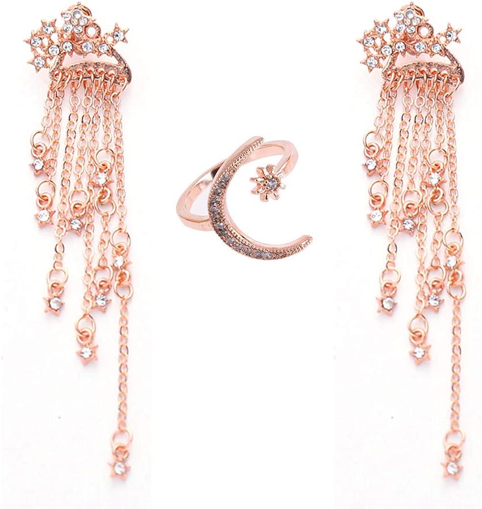 Rose Gold Star Dangle Drop Earrings + Moon Adjustable Opening Ring Jewelry for Women and Girls Simple Lucky Star Tassel Long Chain Earrings (Chain Earrings Rings Eet)