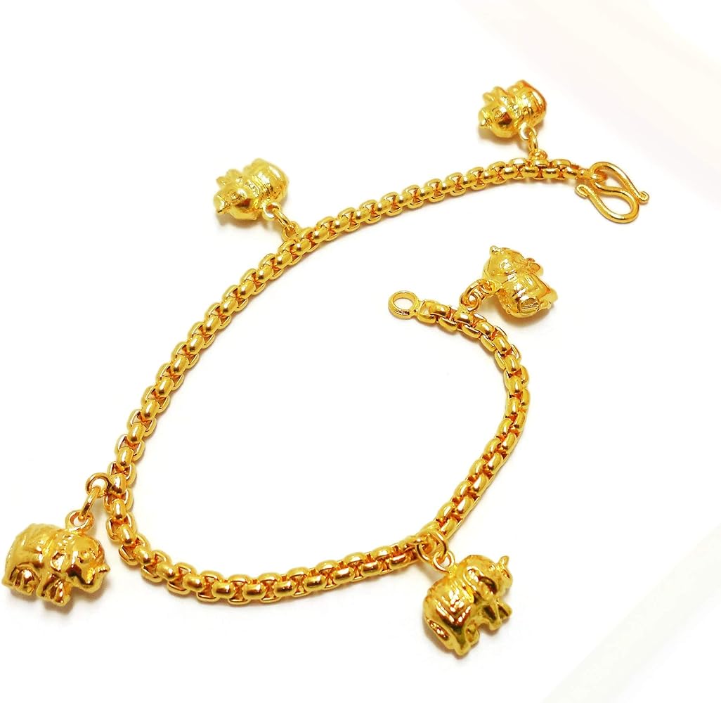 Elephant Bell 24k Thai Baht Gold Plated Foots Jewelry Bracelet Charm Anklet 9 Inch