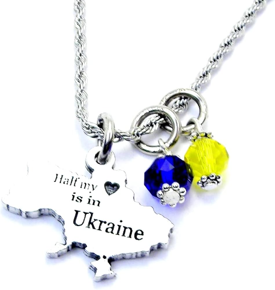 Half my heart is in Ukraine 20" Chain Necklace With Focal Charm Made In USA from Genuine American Pewter! For Women, Girls, Teen