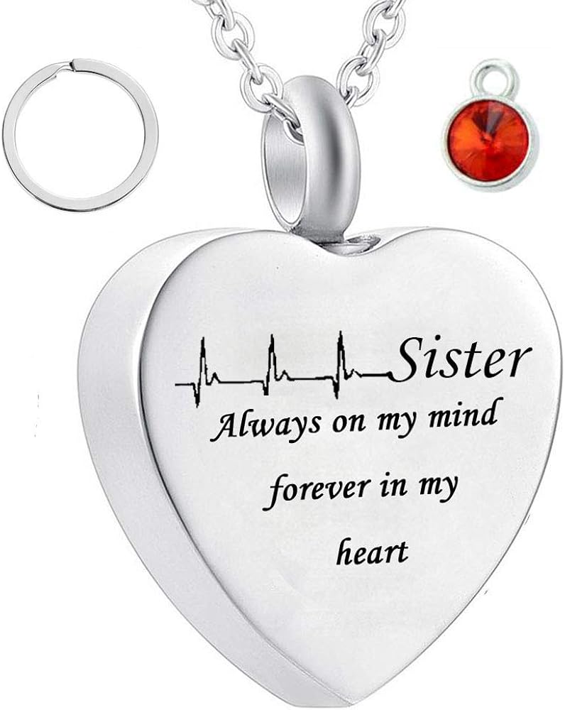 Sister Cremation Jewelry Cardiogram Necklace Silver Always in My Heart Memorial Necklace Ashes Keepsake Pendant