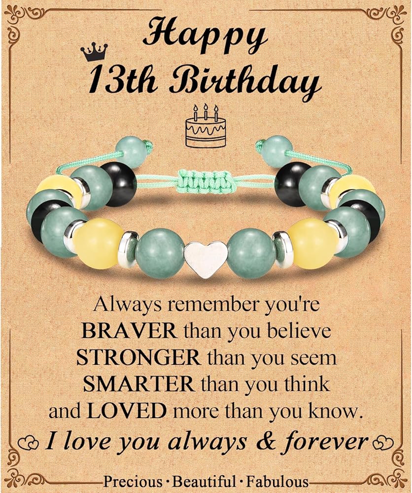 8-18 Year Old Girls Birthday Gifts, Sweet Heart Charm Birthday Bracelet with Happy 8-18th Birthday Message Card + Natural Stone Meaning's Card for Daughter/Granddaughter/Niece/Best Friend