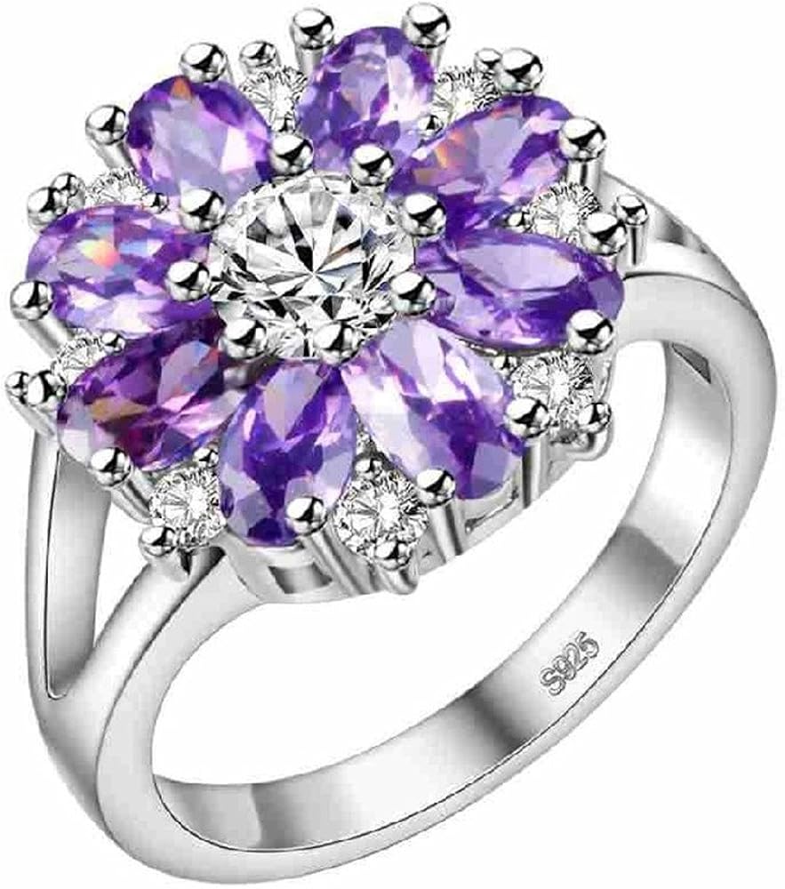 Uloveido Silver Purple Pink CZ Flowers Big Statement Rings Women Glitzy Jewelry J676