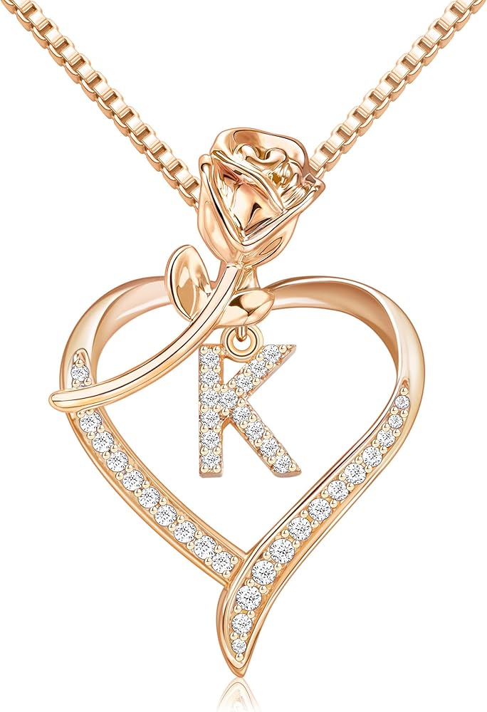 Heart Necklaces for Women Gold Heart Pendant Initial Necklaces for Women Girls Dainty Cubic Zirconia A-Z Letter Rose Heart Necklace Jewerly Gifts