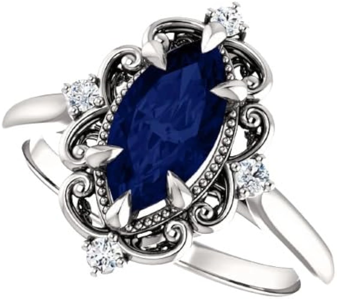 Solid 10K White Gold 2.5 CT Marquise Blue Sapphire Ring Gemstone Ring Anniversary Promise Ring Jewelry