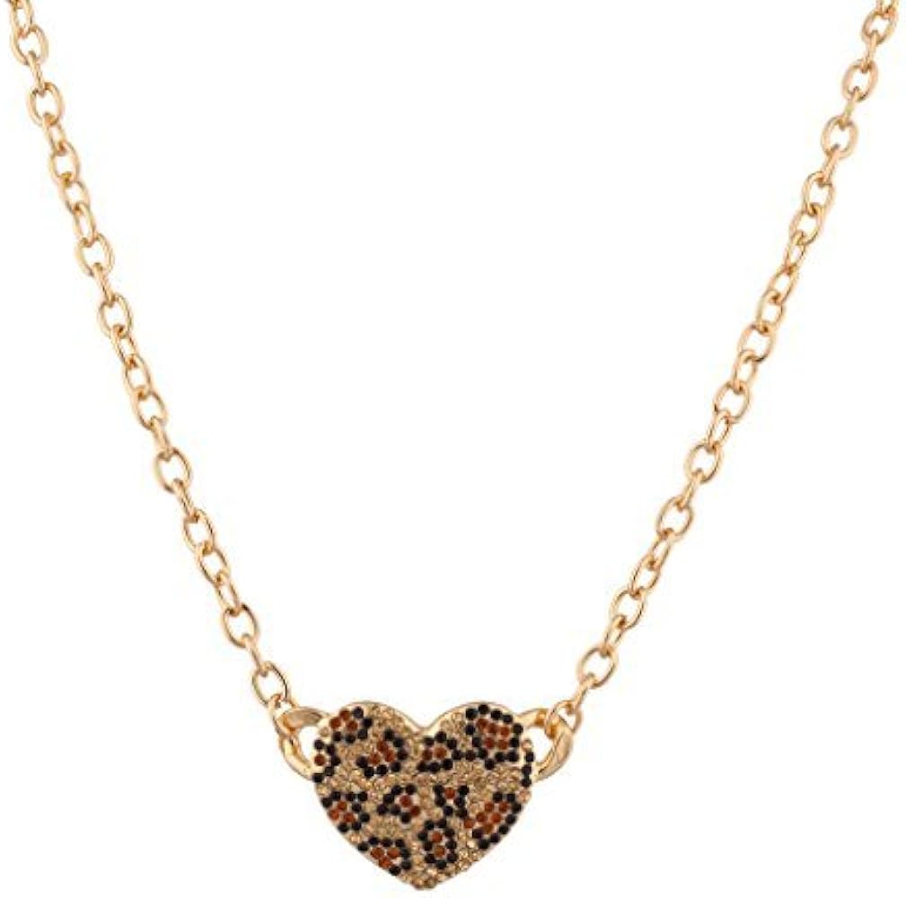 LUX ACCESSORIES Leopard Animal Print Pave Heart Pendant Chain Link Necklace