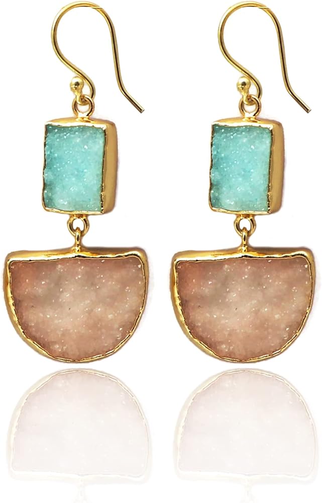 Natural Agate Druzy Gemstone Earring, Gold Plated D Shape Druzy Dangle Hook Earrings, Sugar Druzy Party Earring Jewelry 1821)1