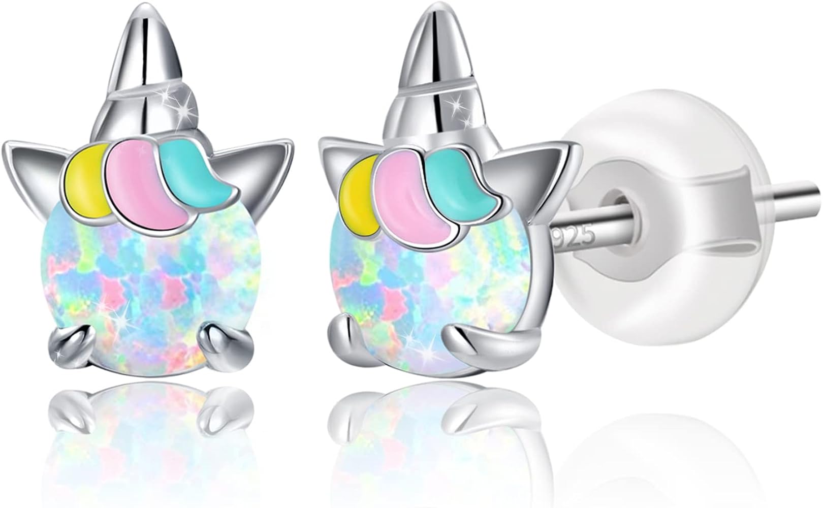 Hypoallergenic Unicorn Stud Earrings for Women 925 Sterling Silver Unicorn Opal Earring Studs for Sensitive Ears Unicorns Gifts.