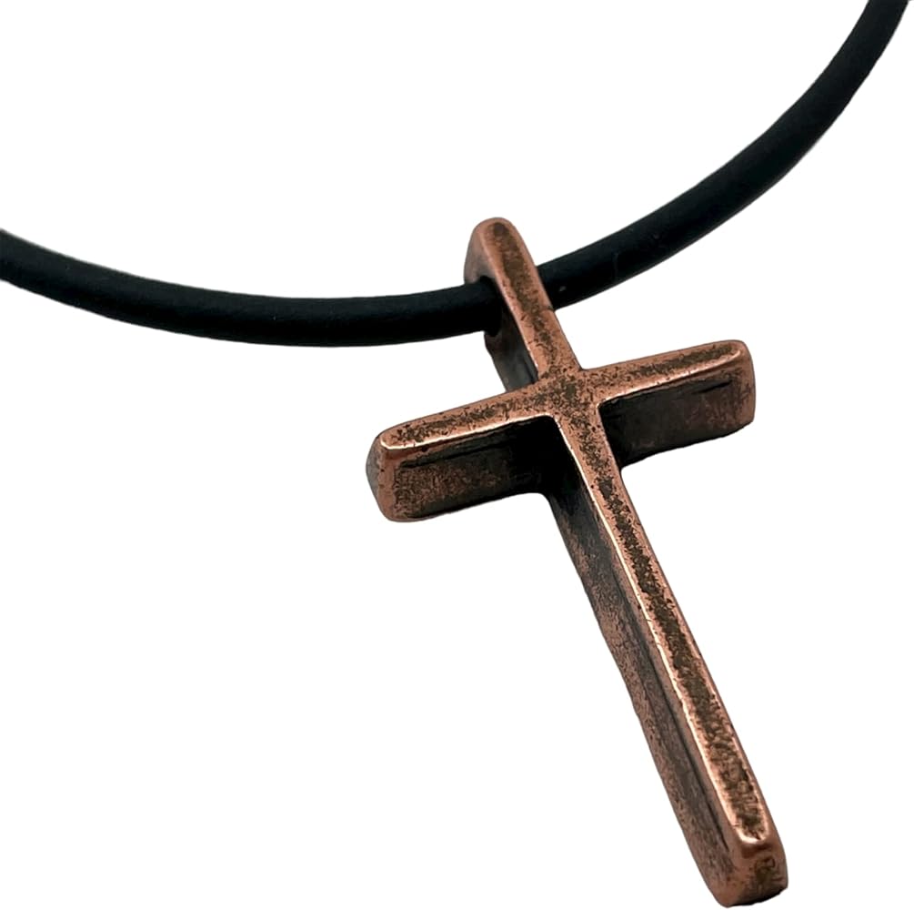 Cross Pewter Antique Copper Metal Finish Slender Small Pendant Black Rubber Necklace