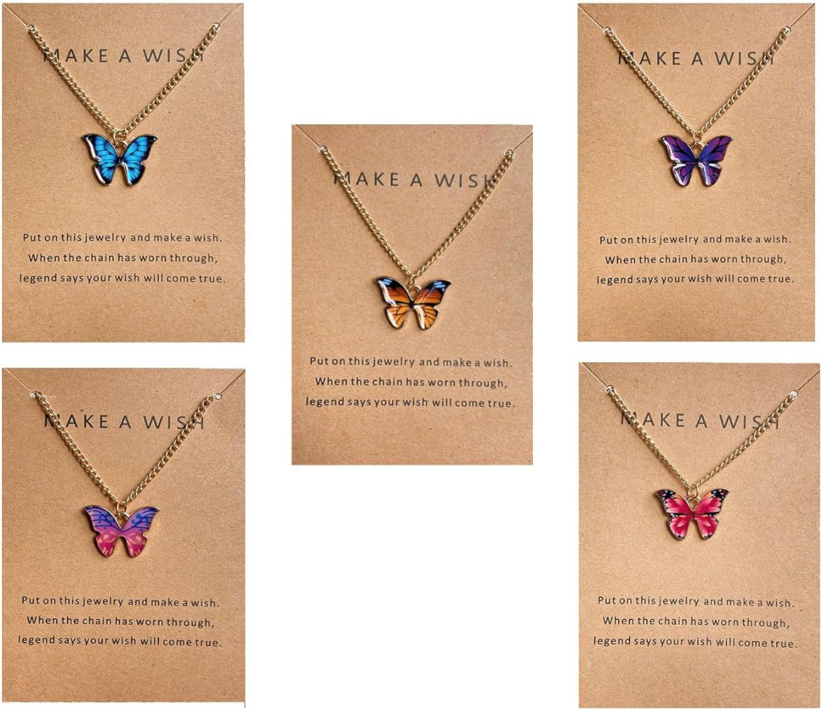 FUTIMELY Cute Butterfly Pendant Necklace Set For Women Teen Girls,4/5 PCS Butterfly Chain Necklace Colorful Animal Minimalist Charm With Message Card Jewelry