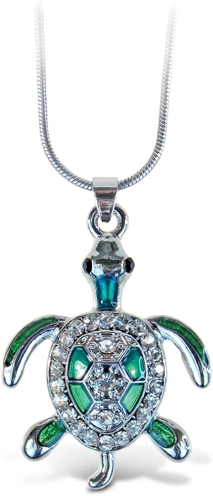 Puzzled Green Sea Turtle Necklace, 18 Inch Fashionable & Elegant Silver Chain Jewelry with Rhinestone Studded Pendant For Girls Teens Women Fashion Accessory