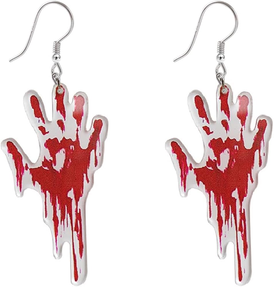 Punk Bloody Handprint Acrylic Halloween Long Dangle Drop Earrings for Women Men Girls Personalized Resin Horrible Dangling Haning Hypoallergenic Fashion Jewelry Halloween Party Gift