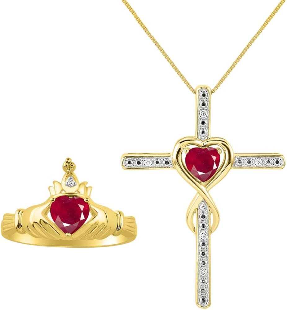 Rylos Matching Jewelry Yellow Gold Plated Silver Claddagh Ring & Cross Necklace. Heart Gemstone & Diamonds, 6MM Birthstone; Sizes 5-10.