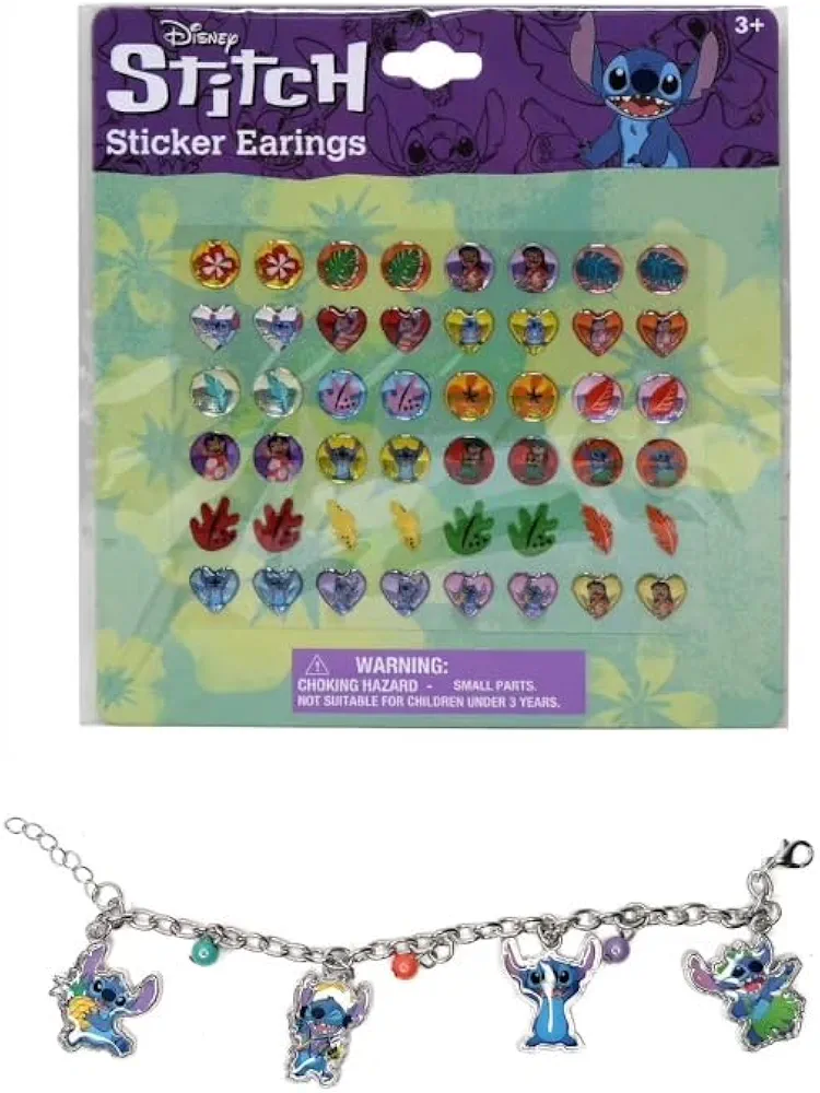 Disney Stitch Charm Bracelet with 48 Sticker Earrings Bundle, Small, Silver