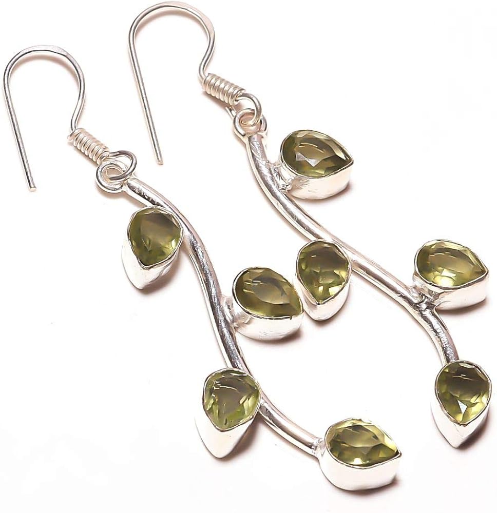 Outstanding! Green Amethyst Quartz HANDMADE Jewelry Sterling Silver Plated Earring 2.25" Long