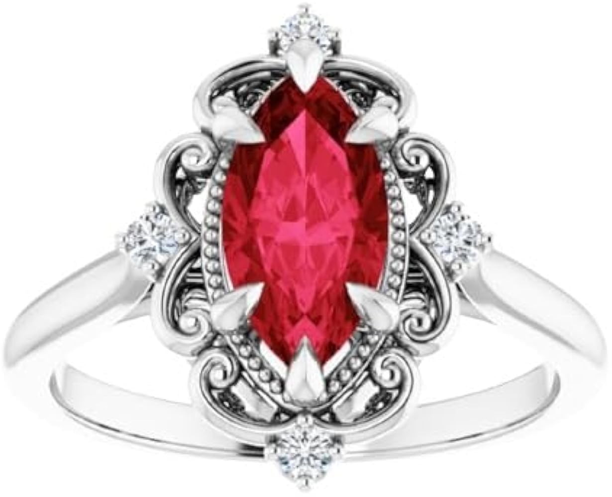 2.5 CT Vintage Marquise Ruby Engagement Ring 14K White Gold, Halo Filigree Red Ruby Diamond Ring, Victorian Marquise Ruby Ring July Birthstone Ring