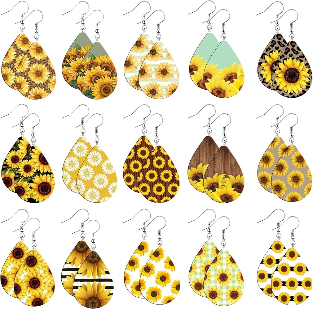 Wooden Earrings, 15 Pairs Sunflower Design, Lightweight Wood Metal, Handmade Spring Earrings for Women Girls, Jewelry Gift