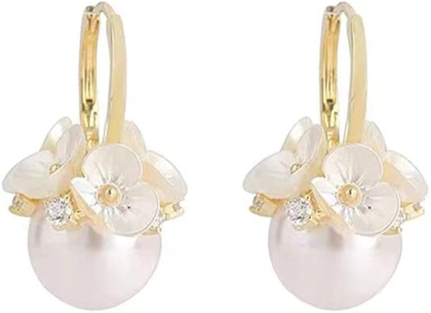 Elegant Flower Pearl Small Hoop Earrings for Women Girls 14K Gold Plated CZ Crystal Daisy Flower Cartilage Earrings Huggie Hoops Cuffs Wedding Earrings Dainty Jewelry