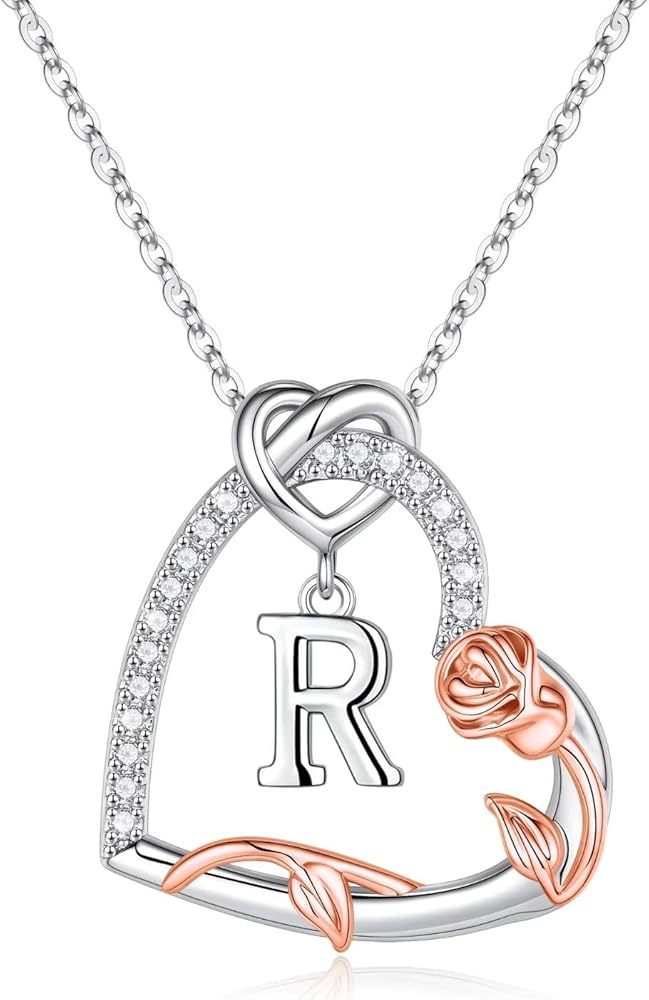 Yesteel Rose Heart Initial Necklaces Gifts for Women Teen Girls, Silver Plated Heart Initial Letter Pendant Necklace Jewelry Valentines Birthday Gifts for Her Girlfriend Wife Mom