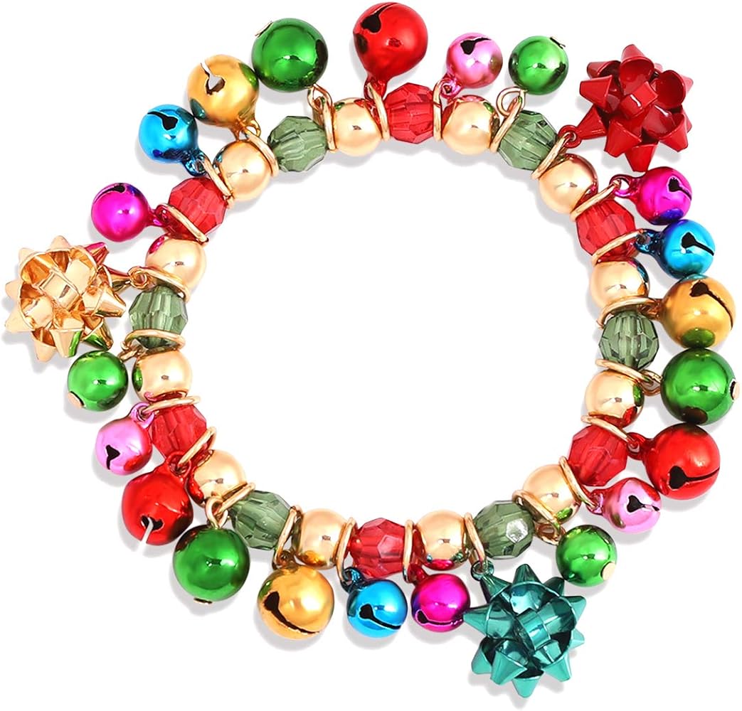 YEYA Christmas Bracelets X-Mas Jingle Bells Gift Bow Charm Bracelets Stretch Beaded Bracelet For Women Girls