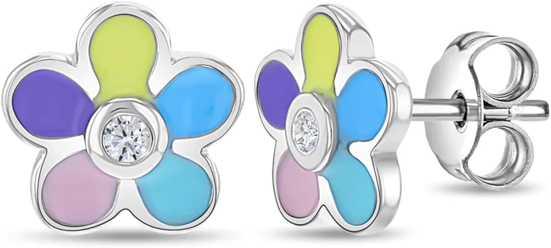 925 Sterling Silver Pastel Enamel Blossoming Flower Standard Push Back Earrings For Little Girls and Preteens - Adorable Flower Earrings With Cubic Zirconia Stones For Young Girls