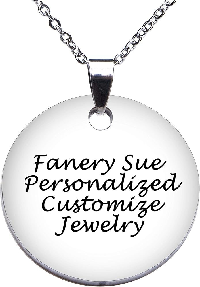 Fanery Sue Custom Engraved Name Personalized Any Word Round Dog Tag ID Pendant Necklace W/24 inch Chain,Jewelry Box,Keyring(Small)