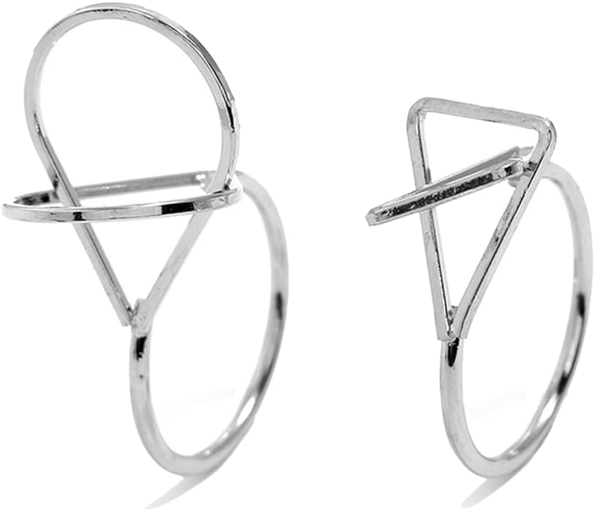 2 PCS Geometric Statement Rings Set for Women Girls Silver Tone Minimalist Teardrop Triangle Crossover Knuckle Band Rings Comfort Fit Fashion Exaggerated Halloween Holiday Festival Dress Accessories Jewelry Size 8