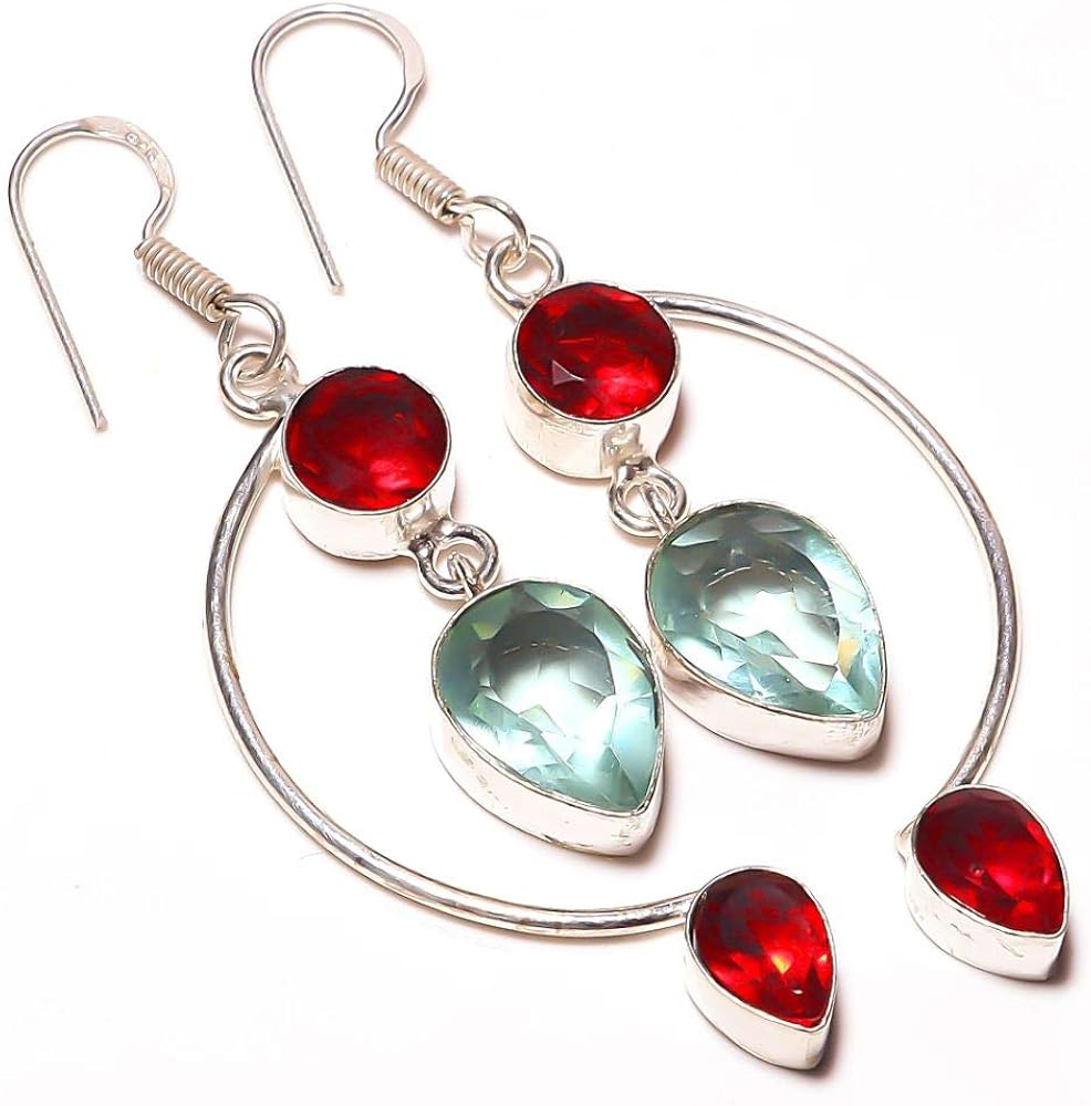 Ethnic! Red Garnet and Topaz Quartz HANDMADE Jewelry Sterling Silver Plated Earring 2.5" Long