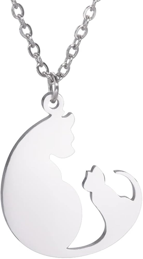 VASSAGO Cat Pendant Necklace Hollow Cat Head Walking Cat Pet Lover Clavicle Chain Jewelry Gift for Woman Girls (3-Silver)