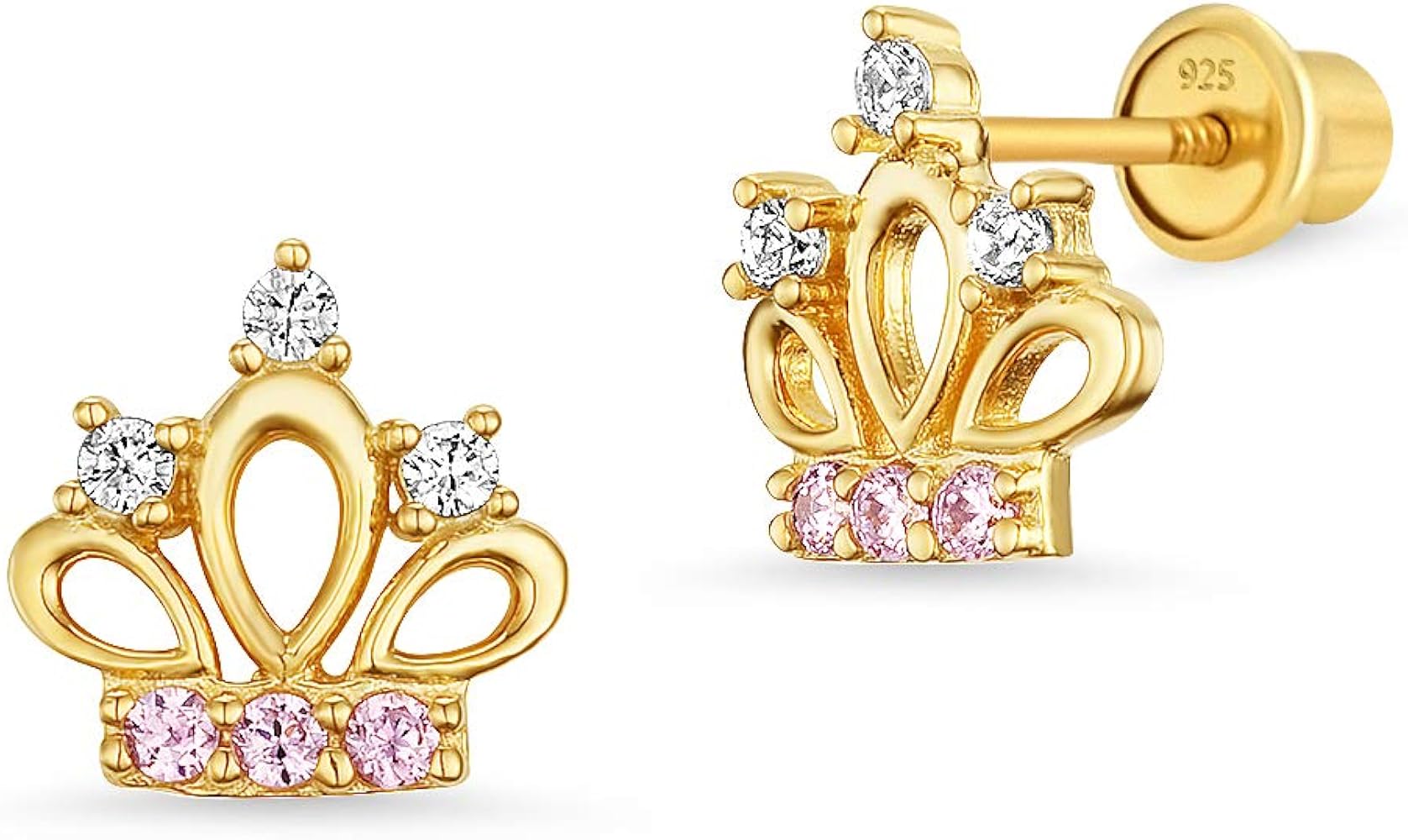 14k Gold Plated Brass Pink Cubic Zirconia Princess Crown Screwback Girls Earrings with Sterling Silver Post