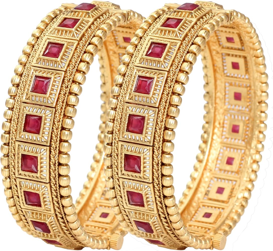 SANARA Traditional South Indian Red Color Wedding 2 Pcs Polki Bangle Bracelets Set Wedding & Partywear Matching Costume Jewelry