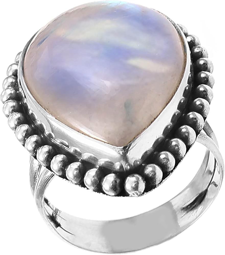 Large Rainbow Moonstone Pear Shape 925 Sterling Silver Unique Ring Silver Jewelry