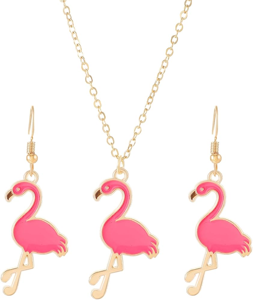 Pink Flamingo Earrings Necklace Gold Plated Bohemian Charm Enamel Pink Tropical Bird Animal Jewelry Set for Women Teen Girls Boho Style Hawaiian Summer Beach Holiday Birthday Party Fashion Jewelry Gifts