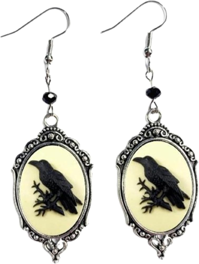 Gothic Raven Cross Glass Dangle Earrings,Vintage Victorian Drop Earrings Goth Crystal Gem Crow Earrings Mystic Witch Halloween Jewelry Gift Accessories