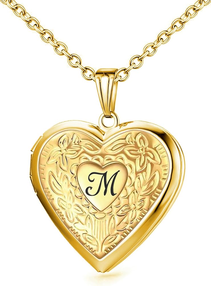 Locket Necklace Holds Pictures Alphabet Initial Letter Love Heart Lockets 18K Gold Plated Photo Memory Locket Necklaces Birthday Gifts