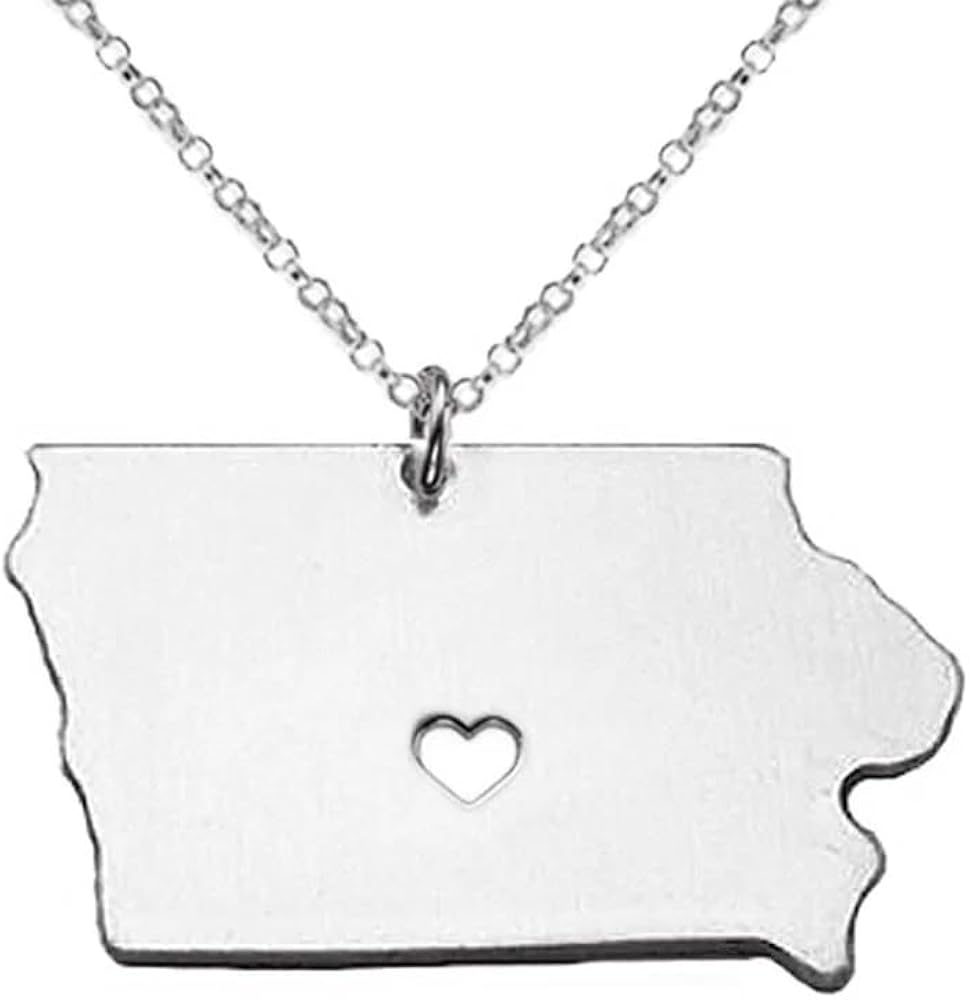 Art Attack Stainless Steel I Love Iowa Necklace, Hawkeye State Heart Map Pendant (Silver)