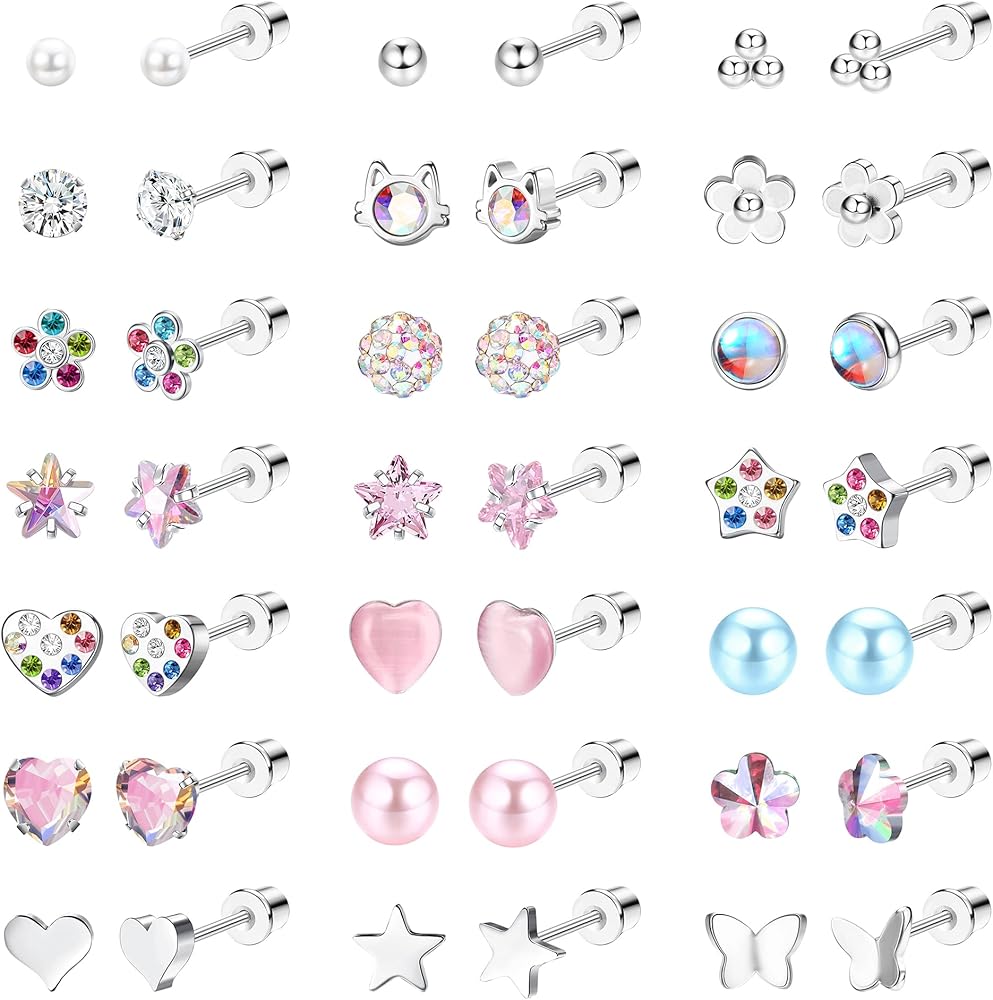 BESTEEL 21 Pairs Hypoallergenic Screw Back Earrings for Women Girls Surgical Steel 20G Tiny Pearl Butterfly Ball Screwback Stud Earrings Cute Multicolored Flower Star Heart Cat Screwback Stud Earrings