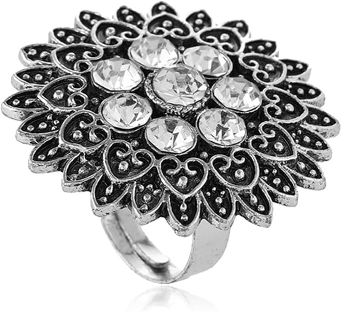 Boho Blossom Flower Statement Ring for Women Girls Round CZ Cluster Vintage Oxidized Love Heart Shaped Petal Leaf Open Wrap Finger Rings Adjustable Comfort Fit Indian Bollywood Holiday Dress Accessories Jewelry