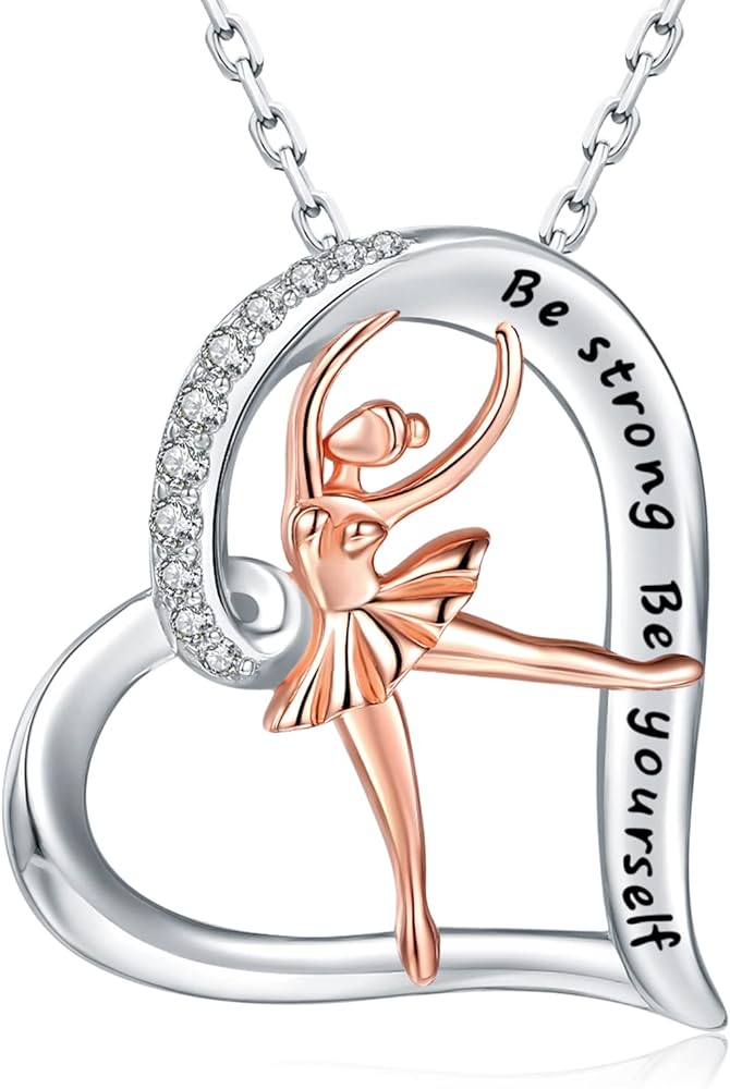 925-Sterling-Silver Heart Ballet Dance Necklace - Rose Gold Lovers Ballerina Dancer Pendant Engraved Be strong Be yourself, Christmas Jewelry Gifts for Women Teen Girls