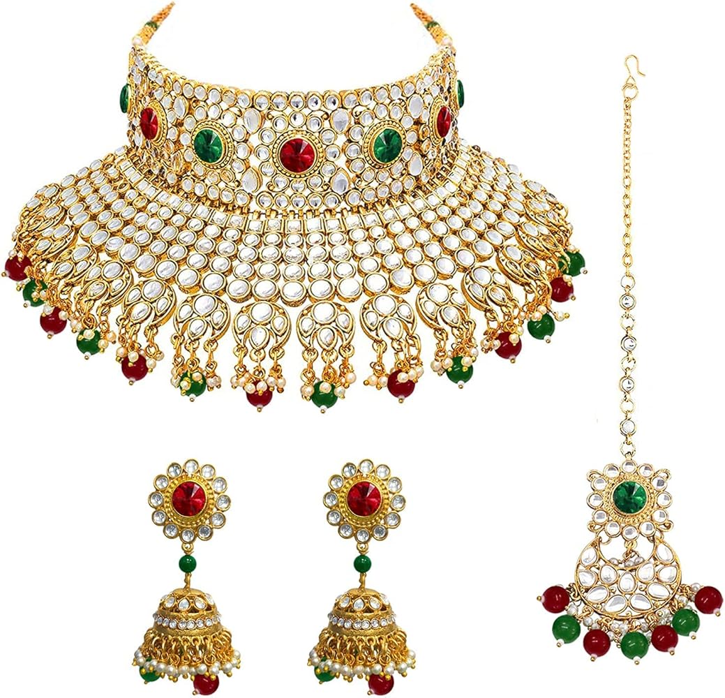 Aheli Ethnic Kundan Pearl Bridal Choker Necklace Earrings with Maang Tikka for Women Indian Traditional Bollywood Fashion Jewelry Set