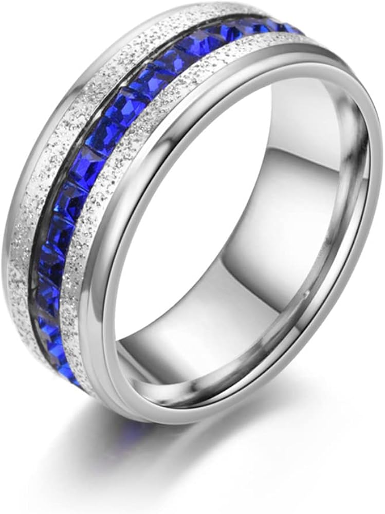 Xusamss 18K Gold Plated Ring One Row Blue Crystal Ring Stainless Steel Band Ring