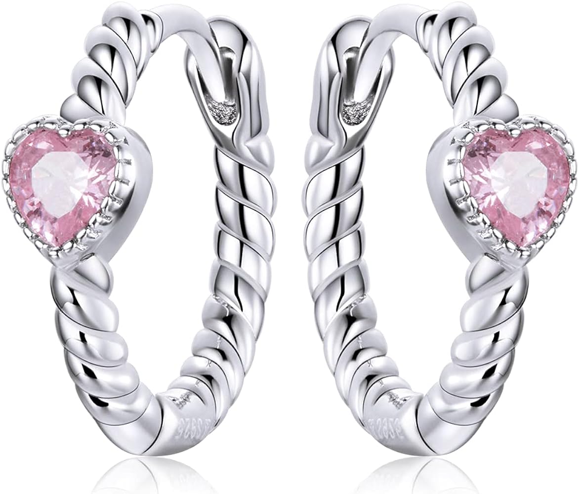 Pink Love Heart Sterling Silver 925 Sleeper Small Hoop Earrings for Women Girls Dainty Rhinestone CZ Crystal Endless Huggie Hoops Cartilage Earring Eternity Love Statement Jewelry Hypoallergenic