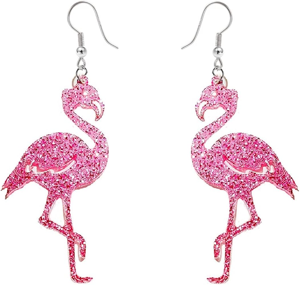 Cute Pink Flamingo Glitter Dangle Drop Earrings for Women Teen Girls Dainty Lightweight Acrylic Animal Hook Statement Dangling Hanging Hypoallergenic Fashion Jewelry Valentine's Day Gifts Bff