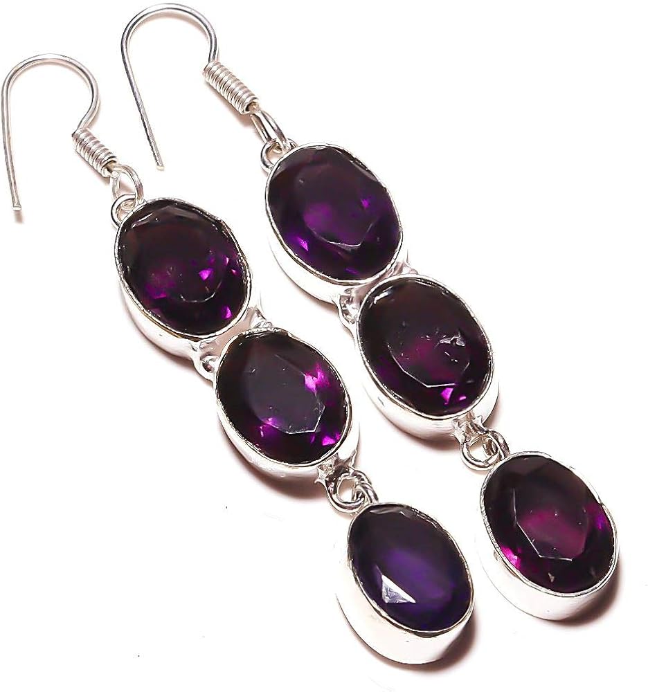 Outstanding jewelry! Purple Amethyst Quartz HANDMADE Sterling Silver Plated Earriing 2.5" Long